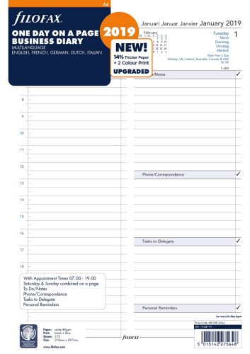 Filofax náplň do diáře formát A4 kalendář 2019 business 5 jazyků