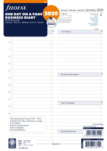 Filofax kalendář A4 2020 den na jednu stranu business 5 jazyků 