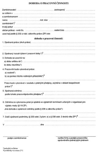 Tiskopis Dohoda o pracovní činnosti