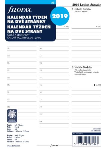 Filofax kalendář A5 2019 týden na dvě strany český