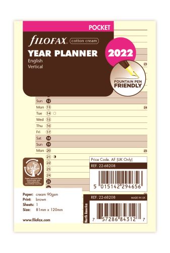 Filofax A7 2022 plánovací kalendář verikální krémový anglický