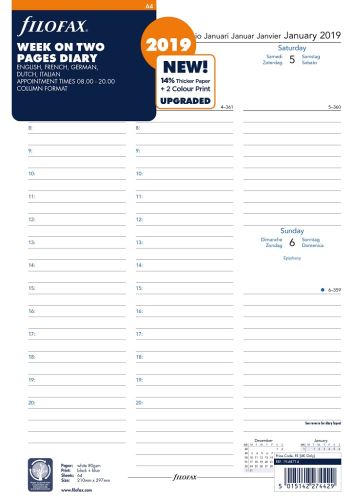 Filofax náplň do diáře formát A4 kalendář 2019 5 jazyků
