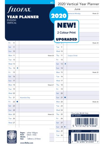 Filofax plánovací kalendář A5 2020 vertikální anglický 