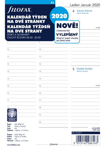 Filofax kalendář A5 2019 týden na dvě strany český